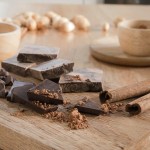 Dark chocolate with cocoa on wooden table