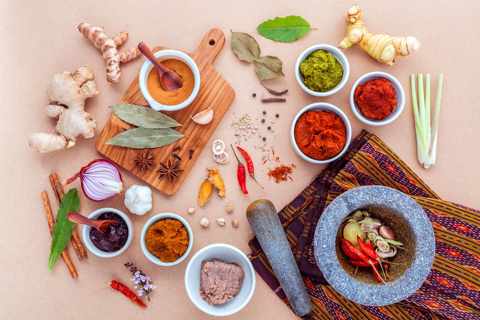 Assortment of Thai food Cooking ingredients and Paste of thai po