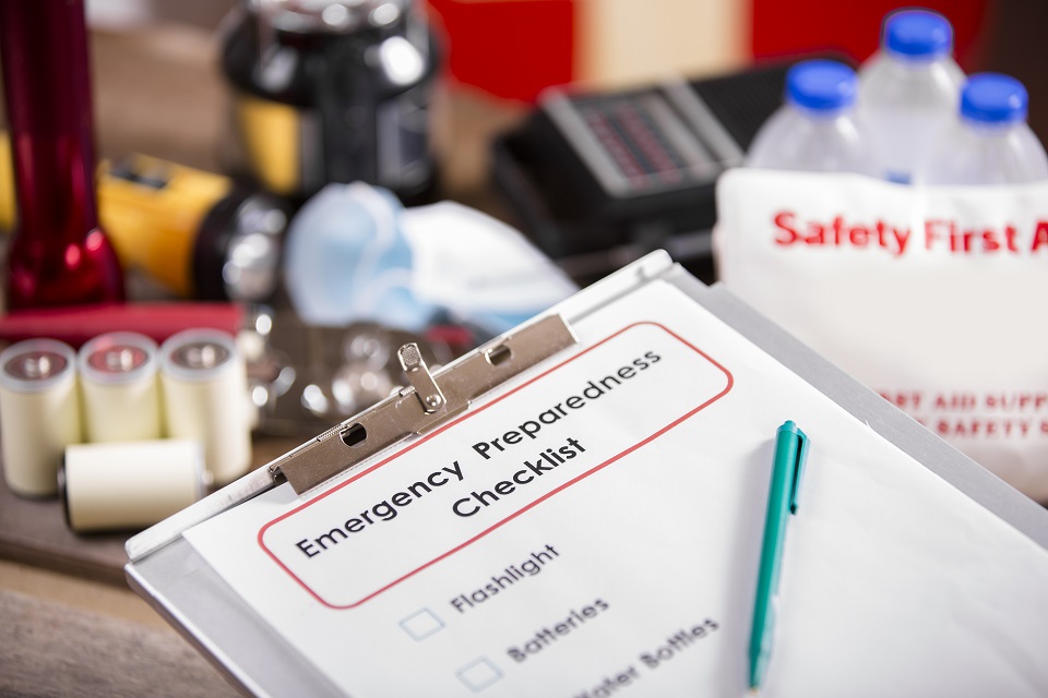 Emergency preparedness checklist and disaster supplies.