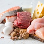 Selection of protein sources in kitchen background