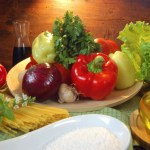 Mediterranean food with pasta oils and vegetables