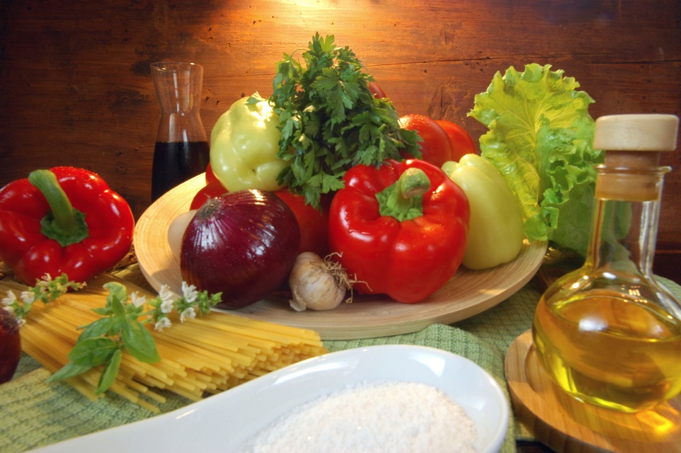Mediterranean food with pasta oils and vegetables
