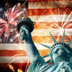 Statue Of Liberty Infront Of American Flag With Fireworks