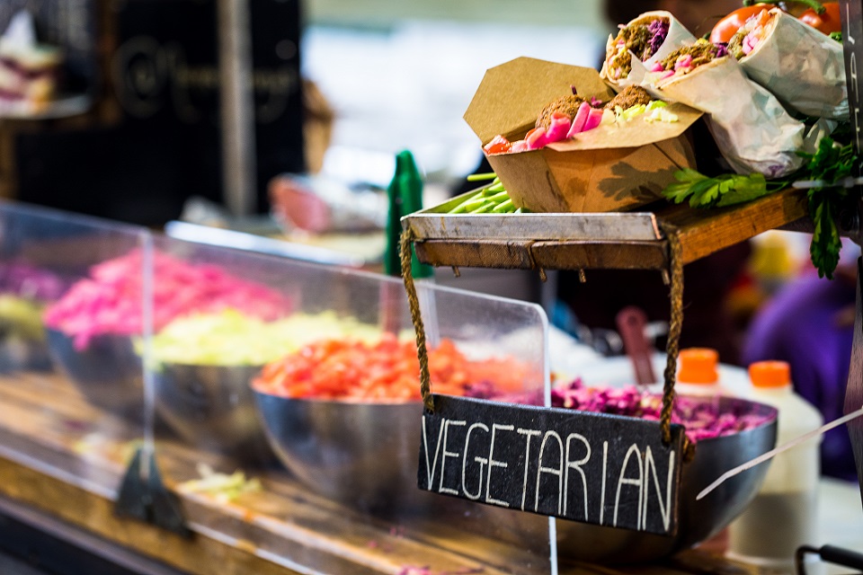 Vegetarian food stall at Borough Market, London, UK