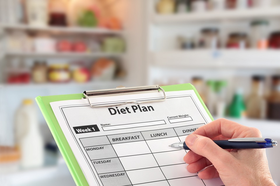 Hand Writing a Diet Plan infront of an open Fridge