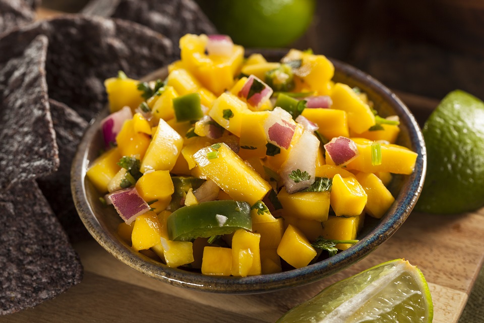 Fresh homemade mango salsa with chips