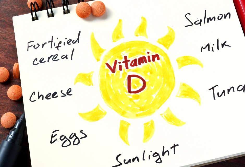 Notepad with vitamin d and pills on the table.