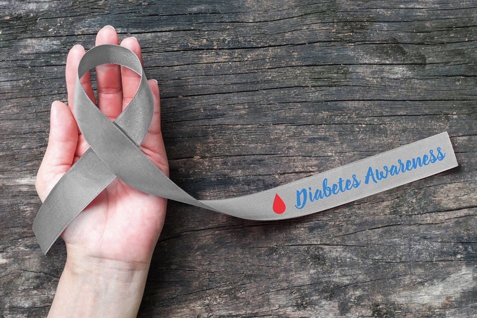 World diabetes day with grey and red blood drop ribbon for diabetic disease awareness, symbolic bow  isolated with clipping path on helping hand support