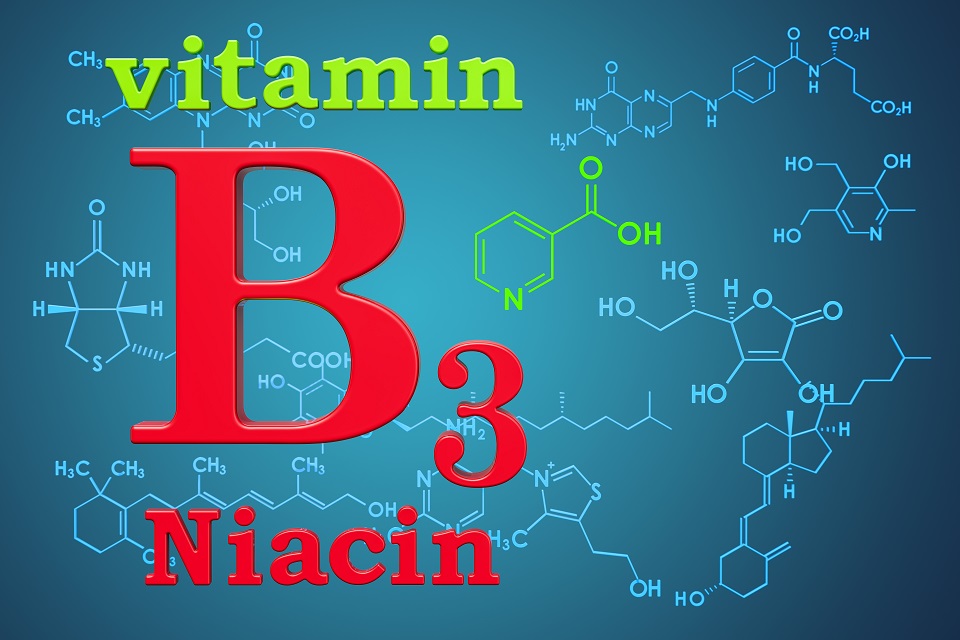 Vitamin B3, niacin. Chemical formula, molecular structure. 3D rendering