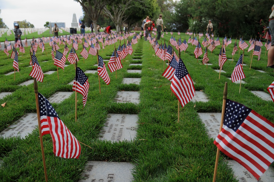Flags grave markers Los Angeles Memorial Cemetery