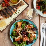 Three Mediterranean and Middle Eastern dishes, overhead view