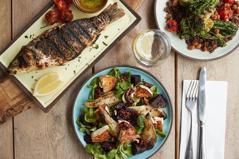 Three Mediterranean and Middle Eastern dishes, overhead view