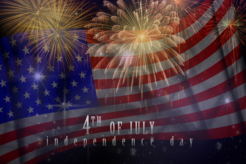 Independence day concept, Multicolor Fireworks Celebrate over the United state of America USA flag background