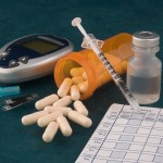 A picture of pills and diabetic supplies