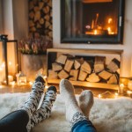 Couple in front of fireplace.