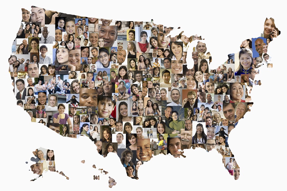 Collage of people in shape of United States map