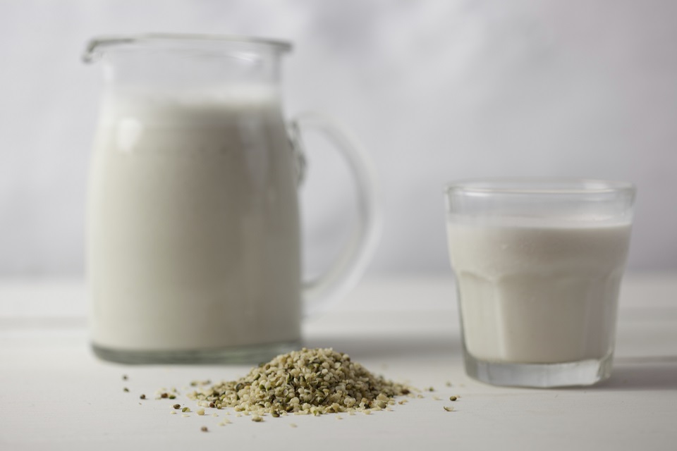 Hemp milk and a pile of hemp seeds