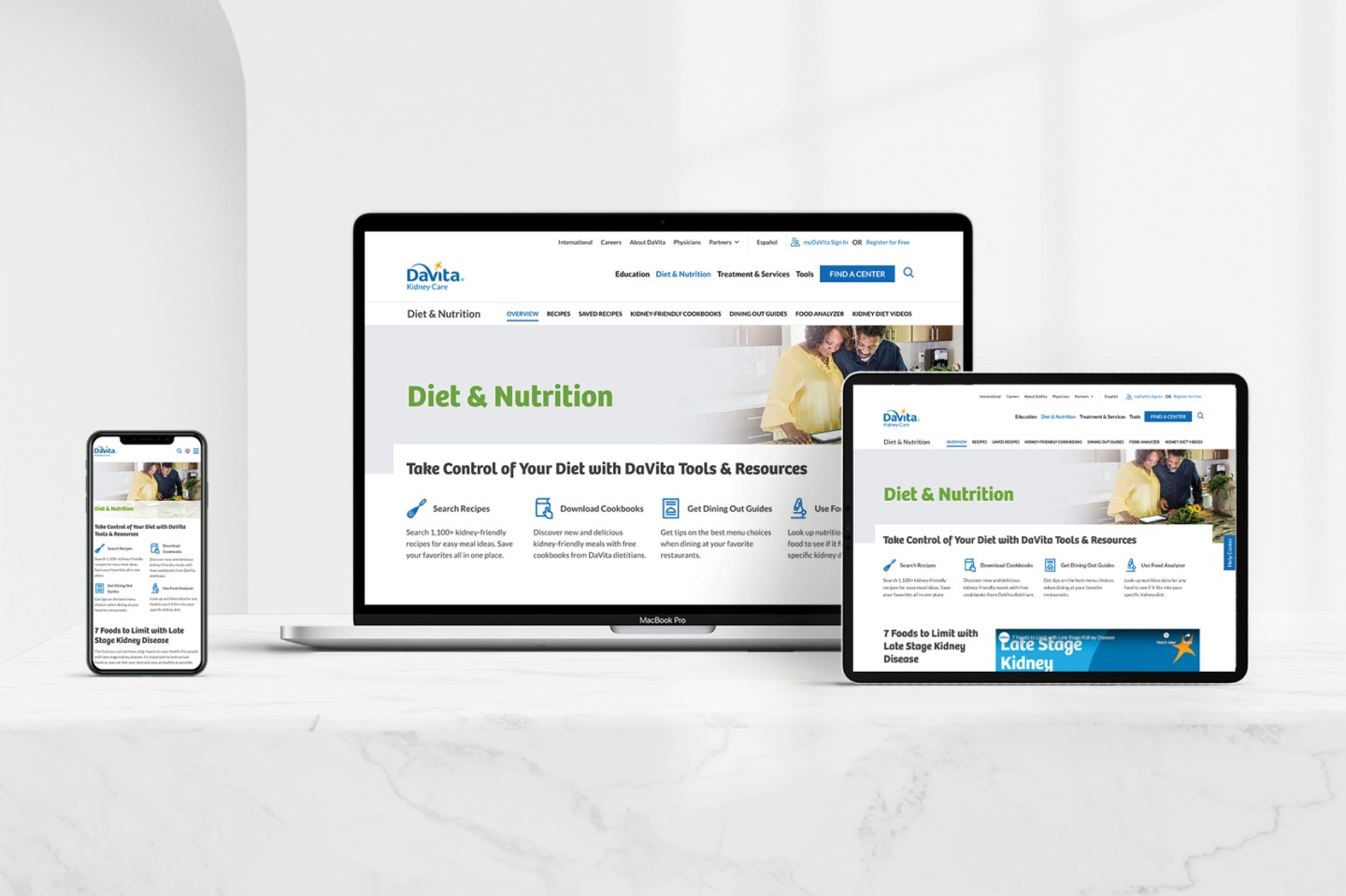 Diet & Nutrition landing page displayed on a desktop, tablet and mobile.