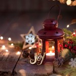 Wooden table with holiday lights and ornaments