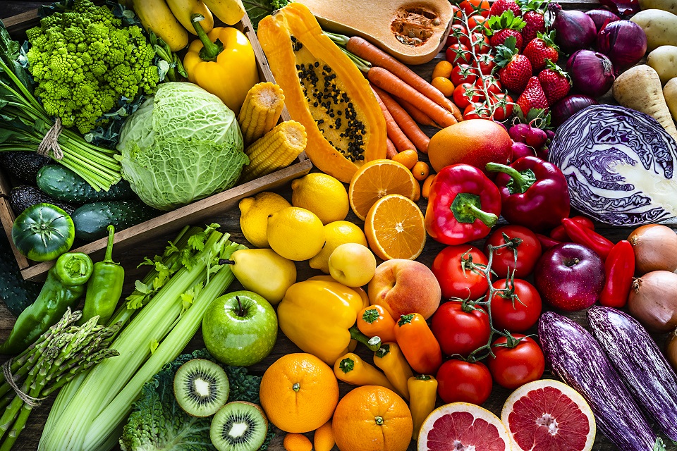 Display of fresh fruits and vegetables