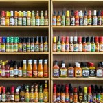 Jars of hot sauce on shelves in store