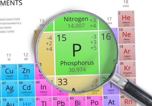 Phosphorus - Element of Mendeleev Periodic table magnified with magnifier
