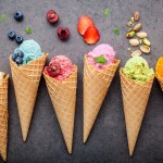 Directly above shot of ice creams with ice cream cones on table