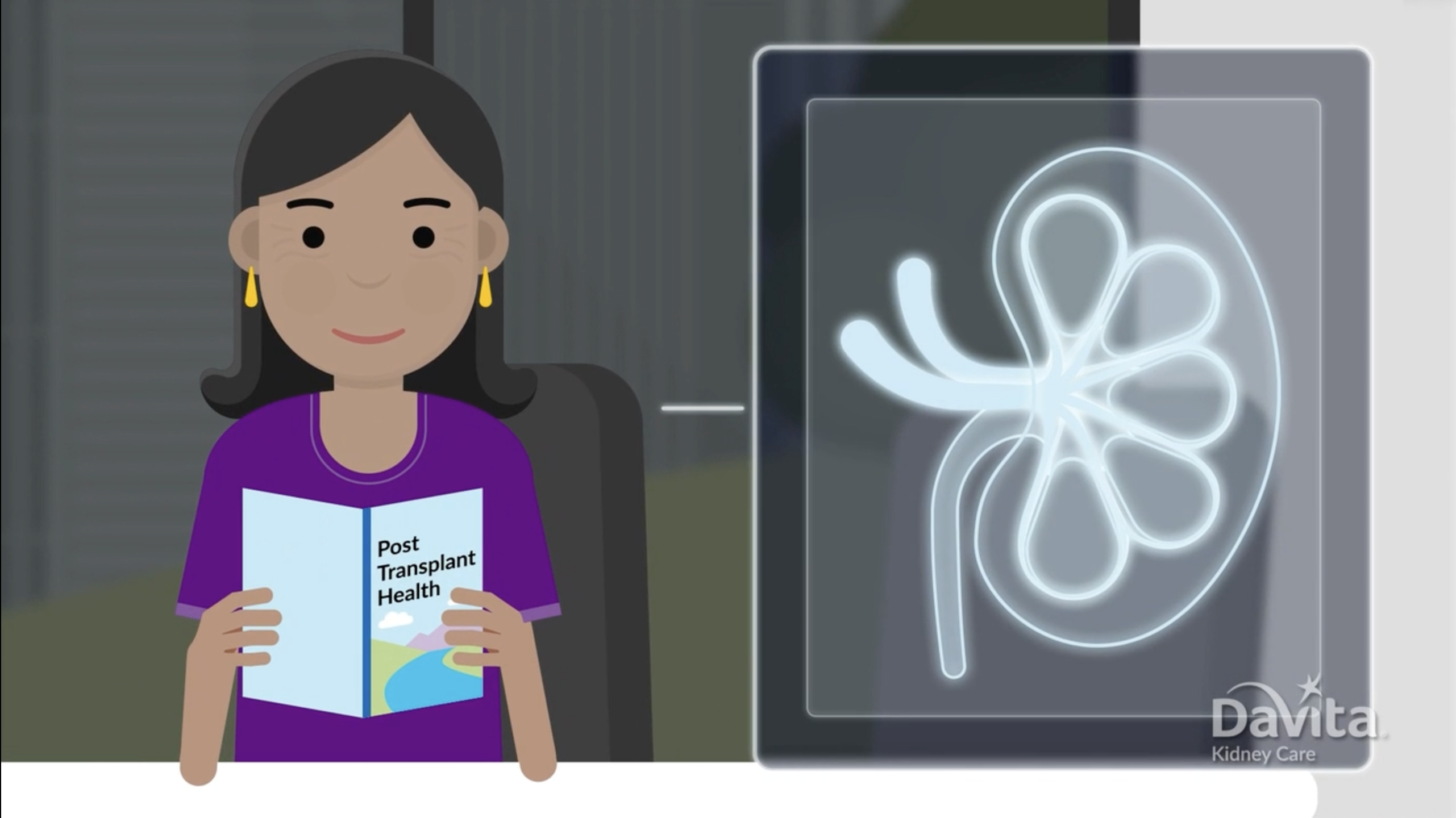 Graphic of a woman reading a Post Transplant Health brochure with a outlined image of a kidney to her right