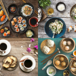 Collage image of Japanese food, pasta, coffee, and dumplings