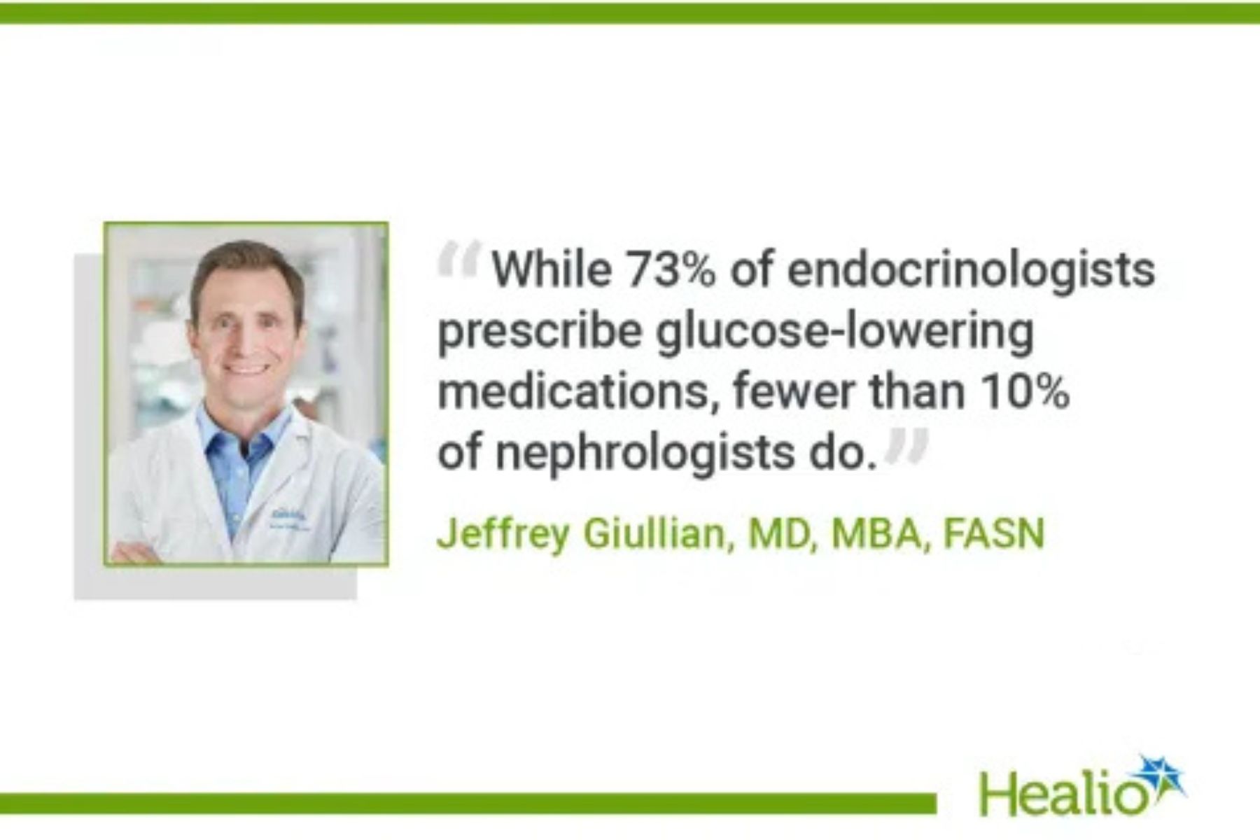 "While 73% of endocrinologists prescribe glucose-lowering medications, fewer than 10% of nephrologists do." Jeffrey Giullian, MD, MBA, FASN